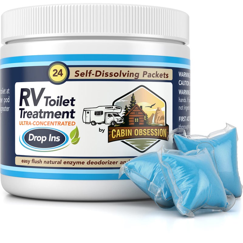 Cabin Obsession RV Toilet Treatment Drop Ins - 24 Easy Flush Self-Dissolving RV Black Tank Treatment Packets - Eliminate Odors and Break Down Waste Within Your RV Holding Tank - Image 1